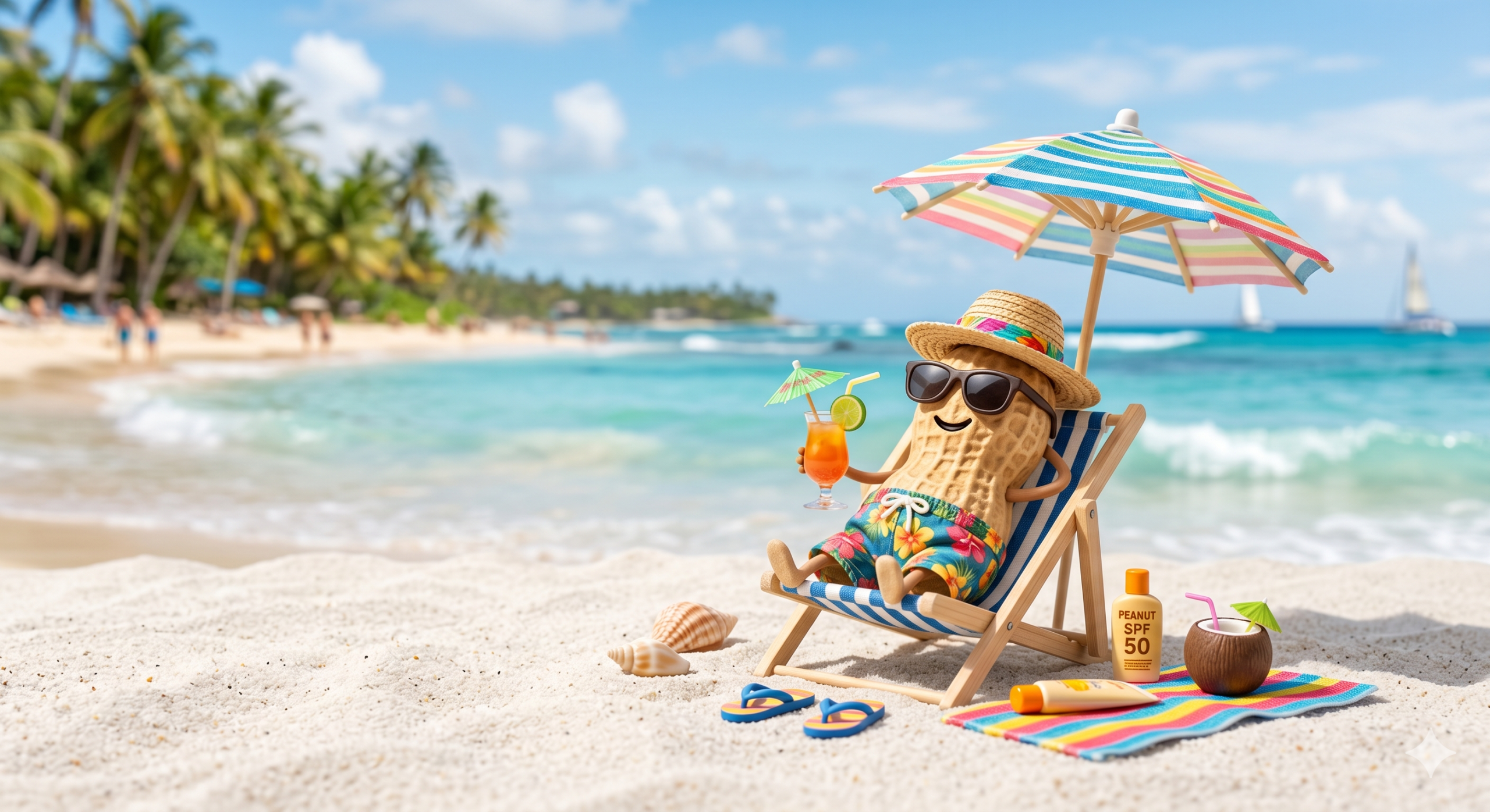Voyage cacahuète personnalisé sous le soleil. Cacahuète en voyage à la plage avec un cocktail en train de bronzer.